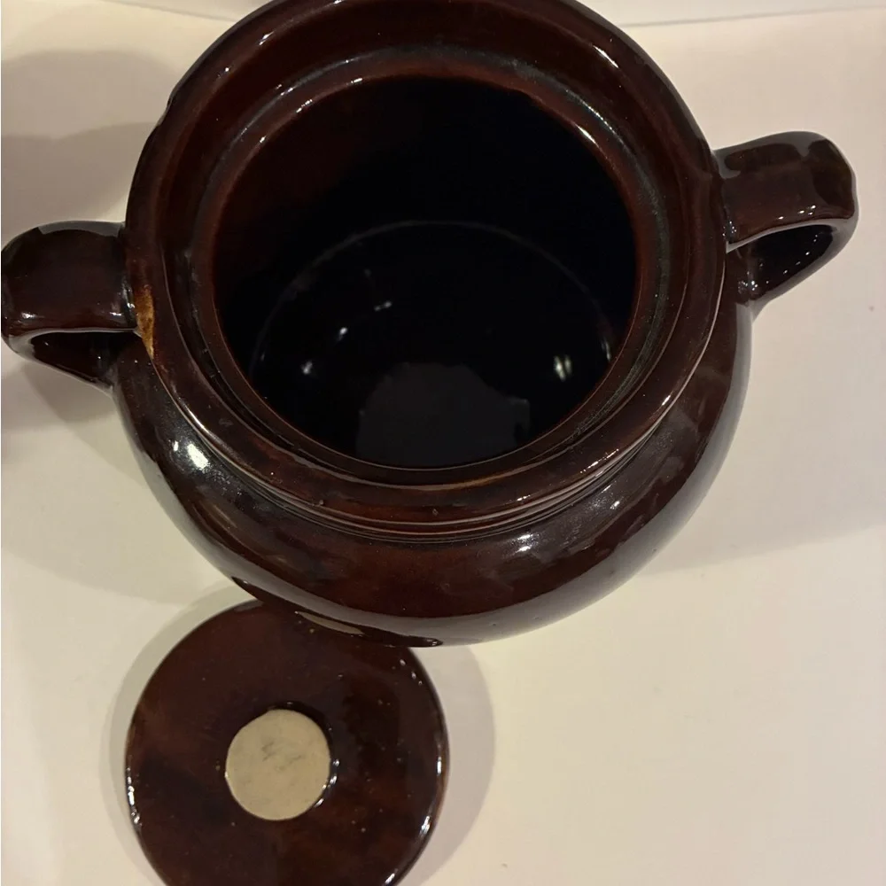 USA Pottery VTG Brown Glaze Bean Pot W/ Lid  Ceramic Soup Tureen Loop Handles